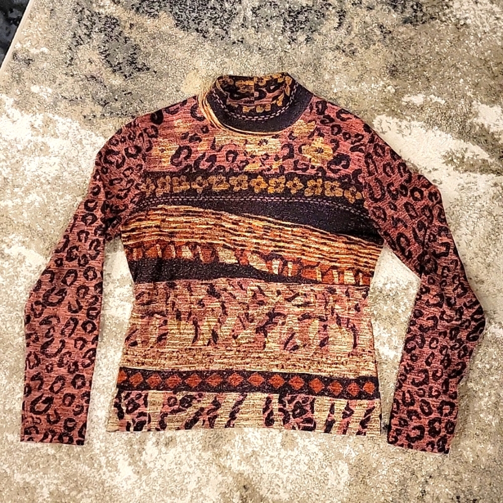 Ruby Cho designer vintage Silk metallic Pullover top blouse animal print Y2K 90s